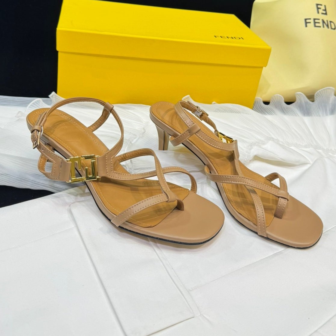 FENDI FENDI FFOLD MEDIUM-HEELED 55 MM SANDALS IN BRONZE BROWN LAMBSKIN WITH GOLD HARDWARE