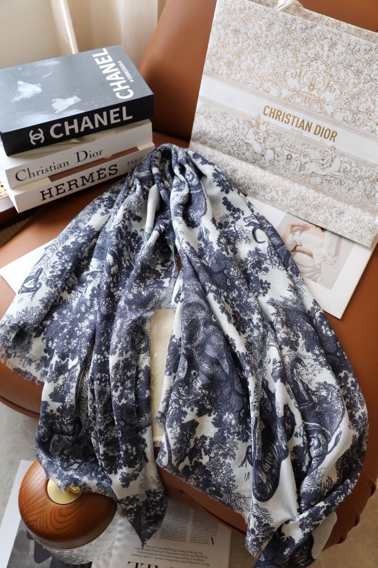 DIOR SCARF 180 CM IN STONE BLUE SILK AND CASHMERE 418263