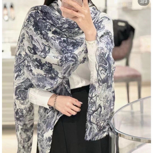 DIOR SCARF 180 CM IN STONE BLUE SILK AND CASHMERE 418263