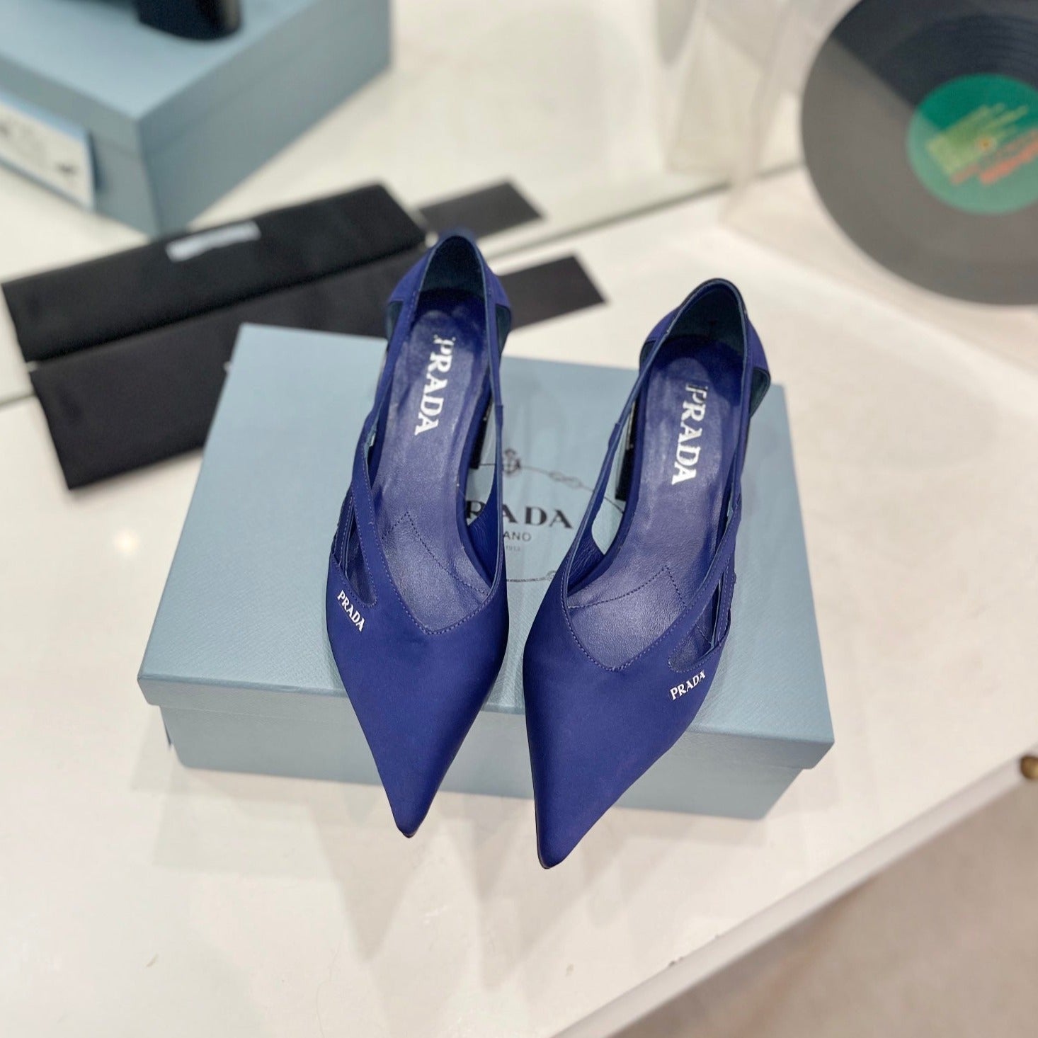 PRADA STRAP CUT-OUT PUMPS NAVY SATIN