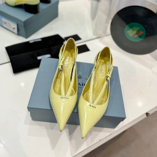 PRADA STRAP CUT-OUT PUMPS PASTEL YELLOW CALFSKIN