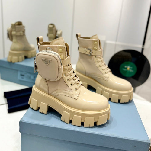 PRADA MONOLITH BRUSHED AND RE-NYLON BOOTS WITH POUCH BEIGE CALFSKIN