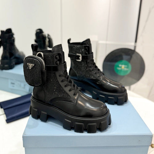 PRADA MONOLITH BRUSHED AND RE-NYLON BOOTS WITH POUCH TWINKLE BLACK CALFSKIN