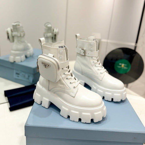 PRADA MONOLITH BRUSHED AND RE-NYLON BOOTS WITH POUCH WHITE CALFSKIN