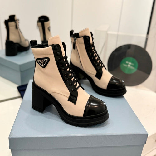 PRADA BRUSHED LEATHER AND RE-NYLON LACED BOOTIES PASTEL PINK