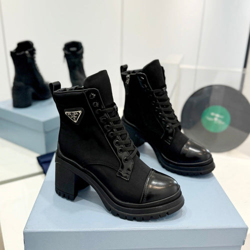 PRADA BRUSHED LEATHER AND RE-NYLON LACED BOOTIES BLACK