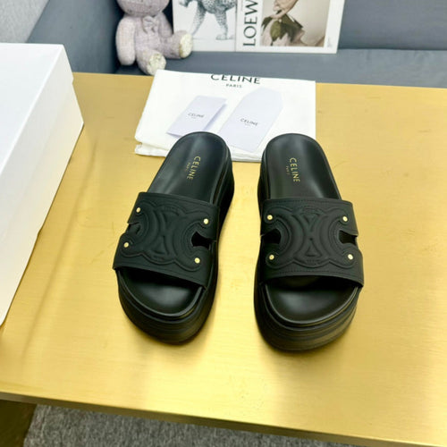 Celine Celine Platform Slide Black Leather 238139