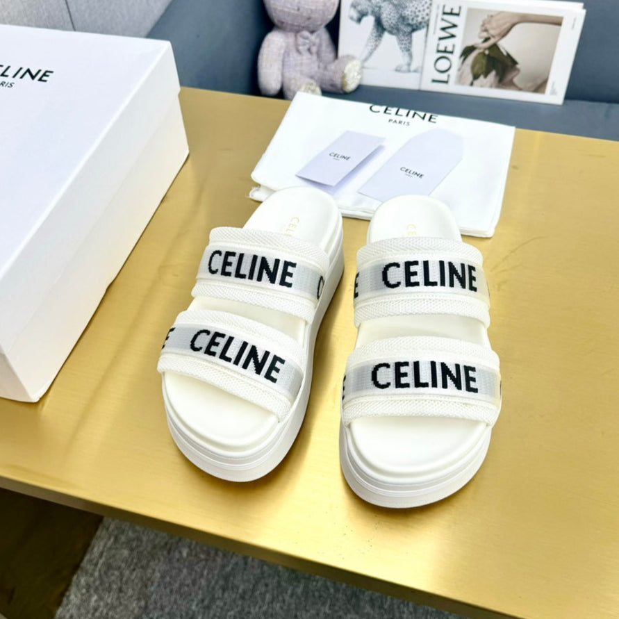 Celine Celine Flatform Dad Sandal Mule White Fabric with Rubber 238141