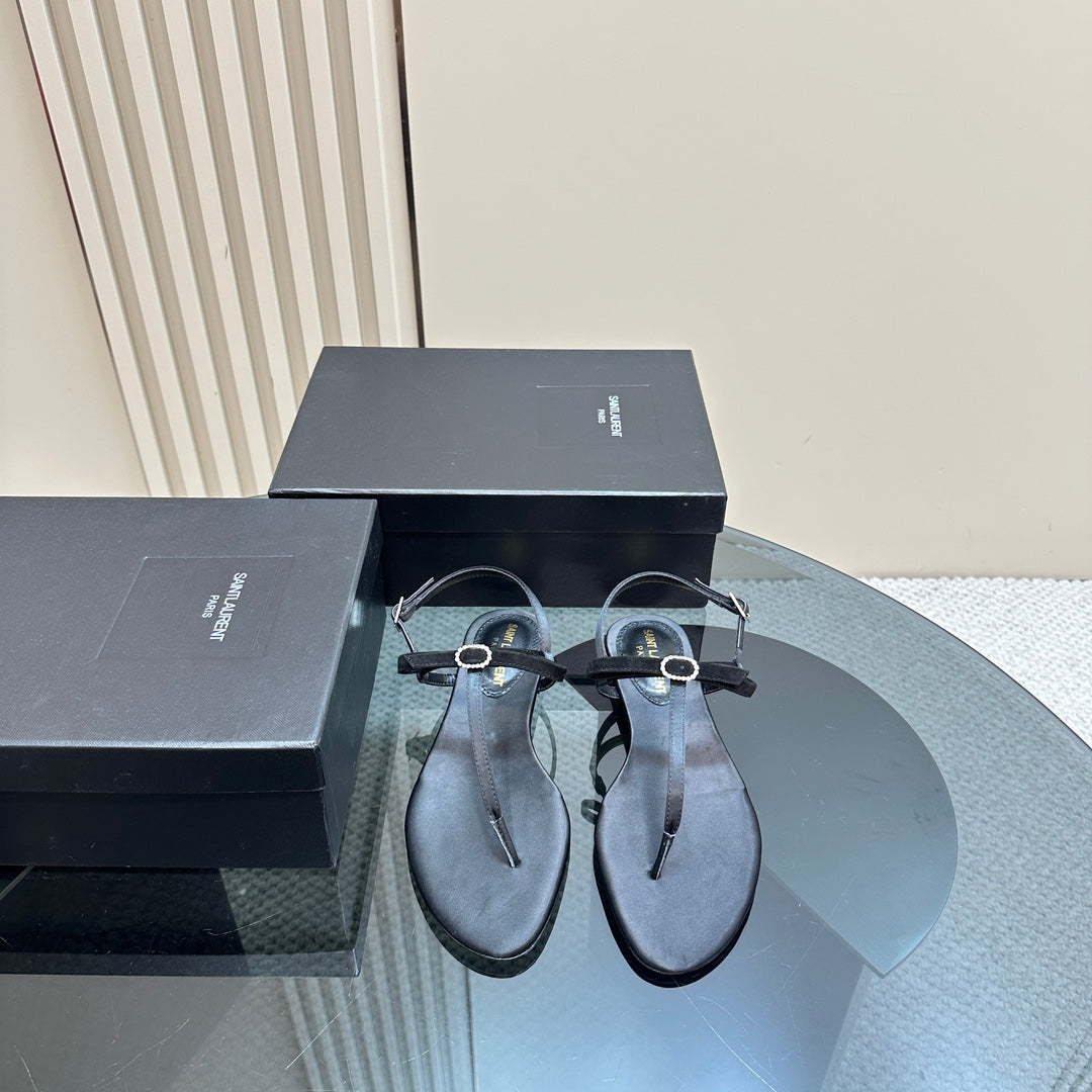 Saint Laurent SL CRYSTAL T-STRAP FLAT SANDAL BLACK SATIN