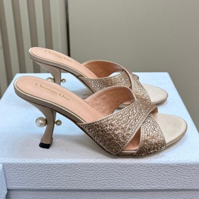 DIOR Tribales Heeled Slide 80mm Beige Lambskin And Studded With Stones