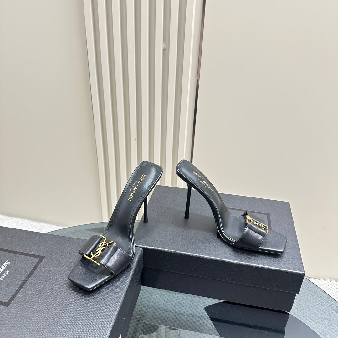Saint Laurent SL BABYLONE SLIDE PUMPS 115 BLACK CALFSKIN