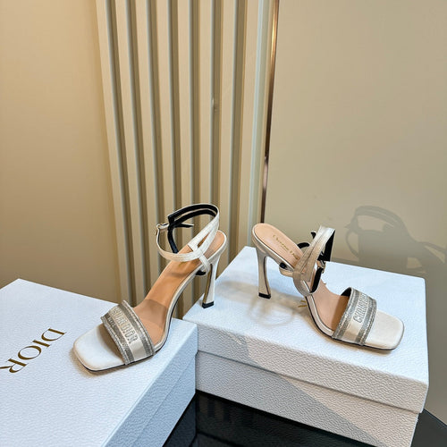 DIOR Dway Heeled Sandal 105mm White Grey Silk And Lambskin