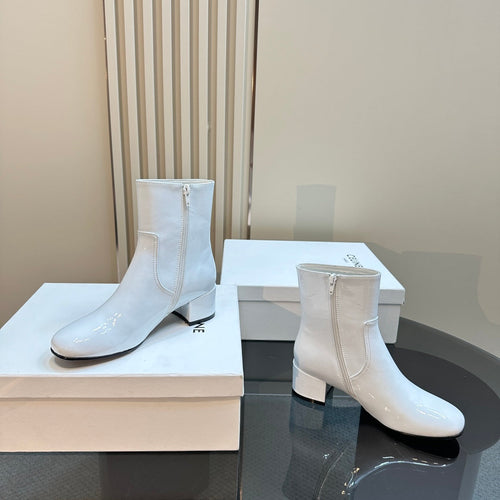 Celine TRIPHOME CHUNKY HEEL BOOTS IN WHITE SHEEPSKIN