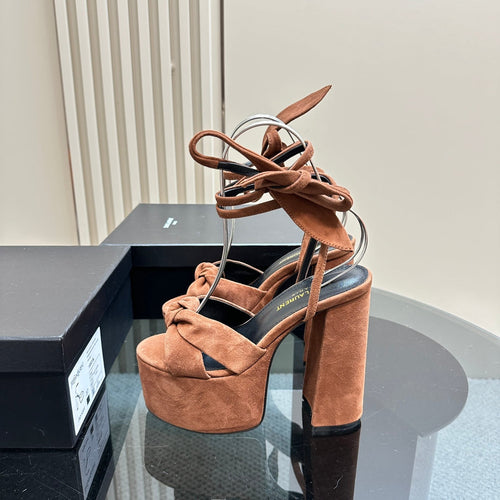 Saint Laurent BIANCA PLATFORM SANDALS IN SIENNA BROWN SUEDE