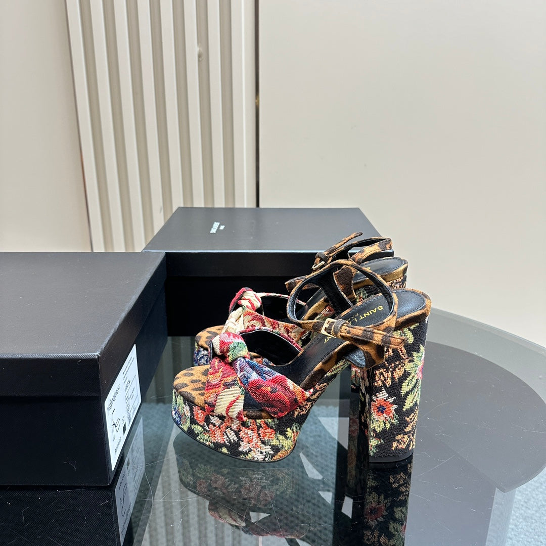 Saint Laurent BIANCA PLATFORM SANDALS IN FLOWER PATTERN CANVAS