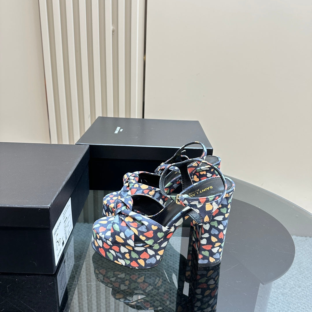 Saint Laurent BIANCA PLATFORM SANDALS IN COLORFUL HEARTS PRINT VELVET