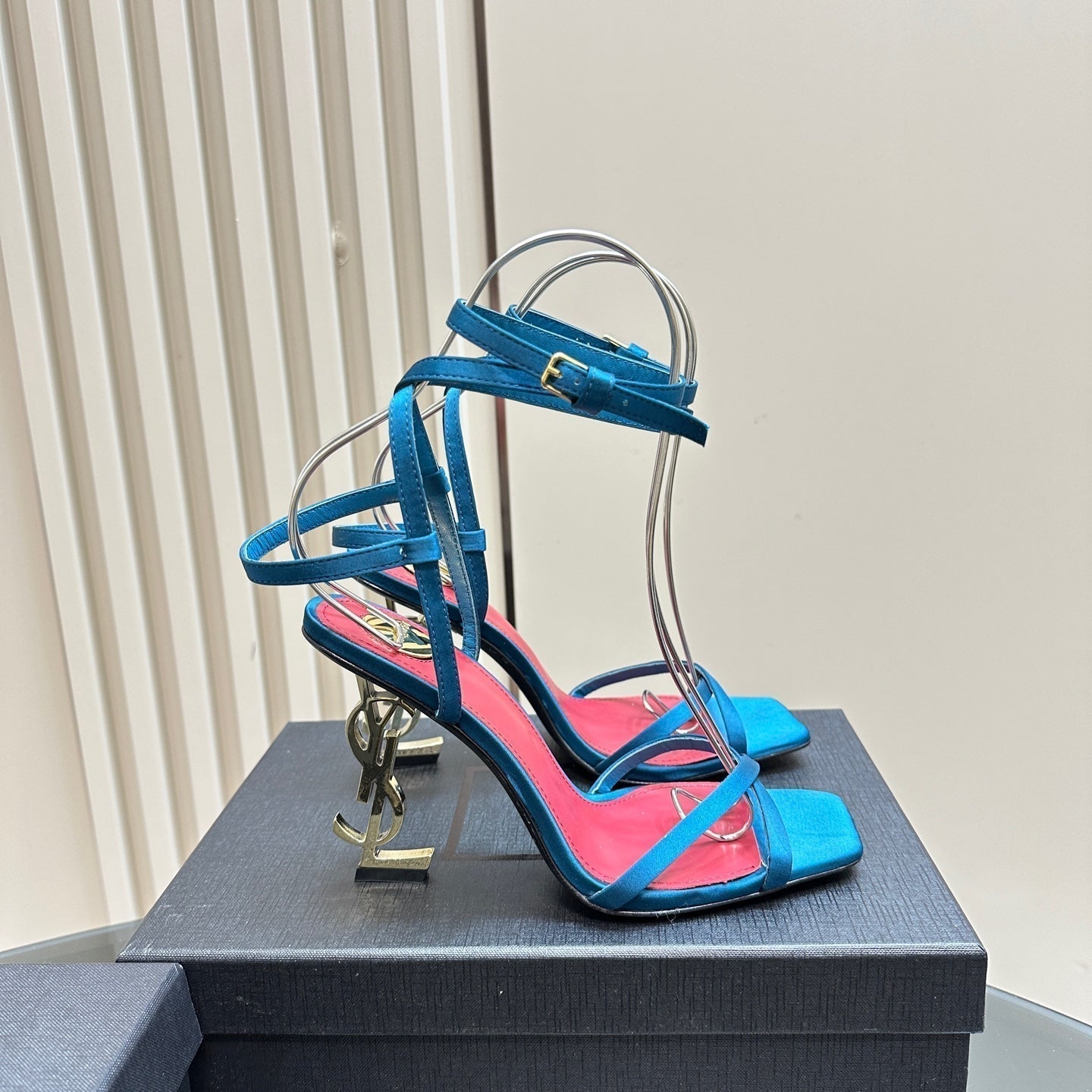 Saint Laurent OPYUM HIGH SANDALS IN DUCK BLUEE SILK