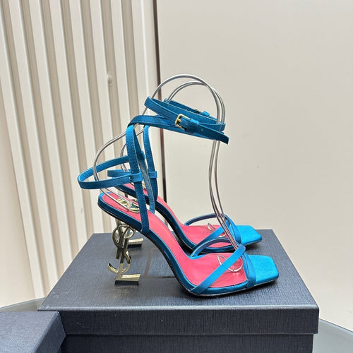 Saint Laurent OPYUM HIGH SANDALS IN DUCK BLUEE SILK