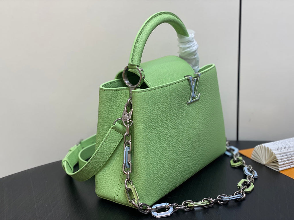 Louis Vuitton capucines mm 31.5 green taurillon leather turquoise silver hardware