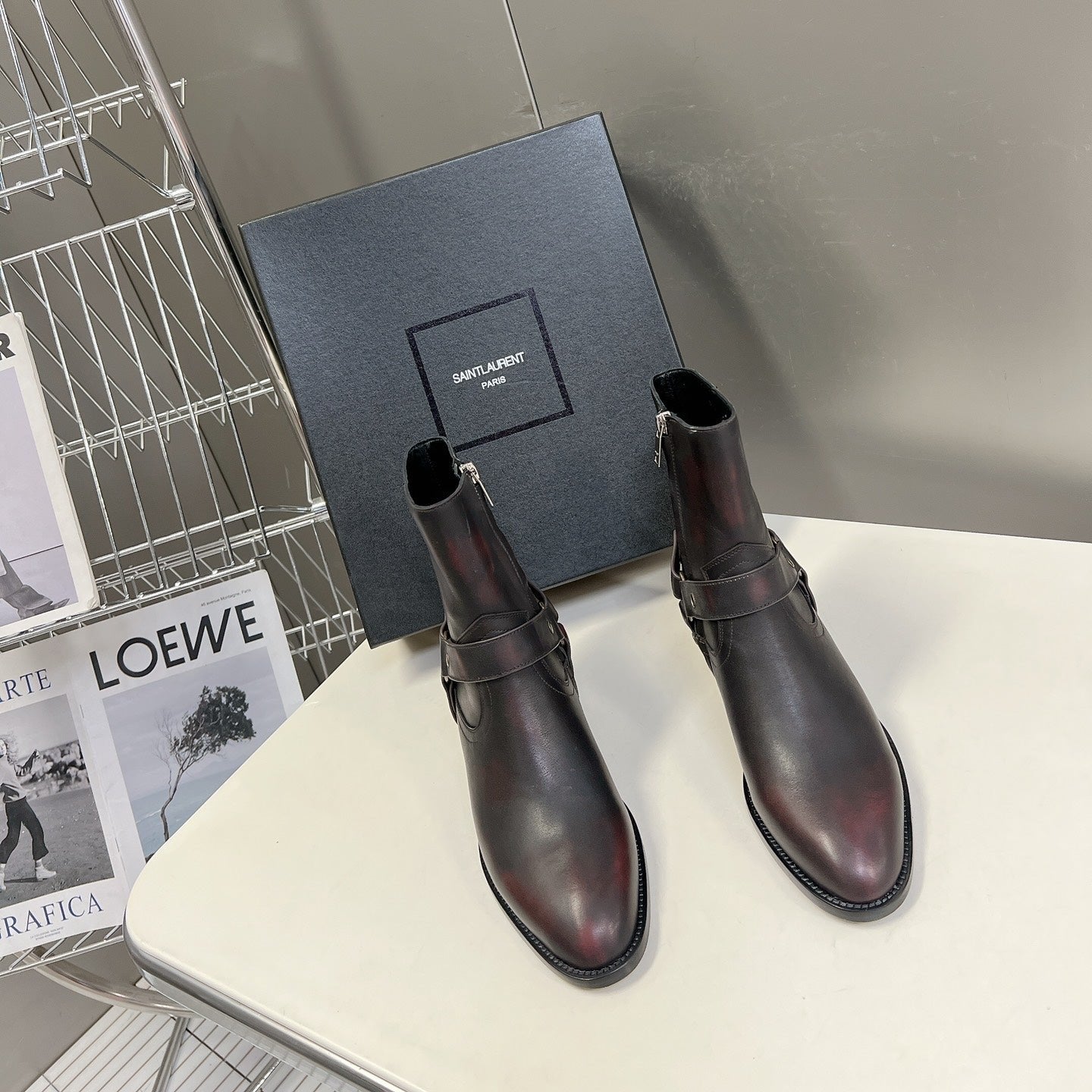 Saint Laurent SL HARNESS BOOTS BLACK AND GARNET CALFSKIN