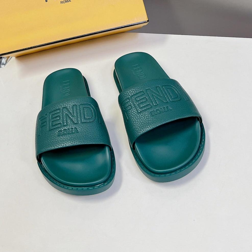 FENDI FENDI ROMA SLIDES IN TEAL GREEN LAMBSKIN LEATHER