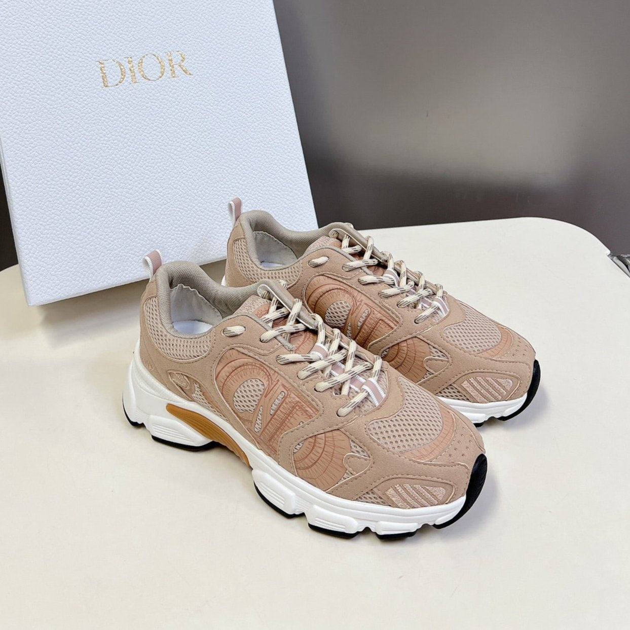 DIOR Chrono Sneaker In Nude Pink Mesh Fabric And Suede 989685