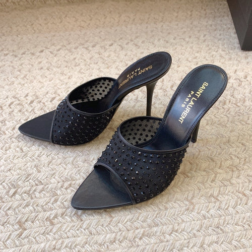 Saint Laurent LA 16 HEELED MULES ATTACHED RHINESTONES IN BLACK MESH