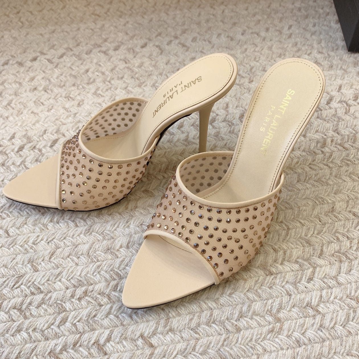 Saint Laurent LA 16 HEELED MULES ATTACHED RHINESTONES IN CREAM MESH