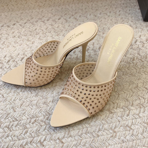 Saint Laurent LA 16 HEELED MULES ATTACHED RHINESTONES IN CREAM MESH