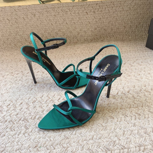 Saint Laurent STRAPPY HIGH HEEL SANDALS IN TEAL GREEN SILK