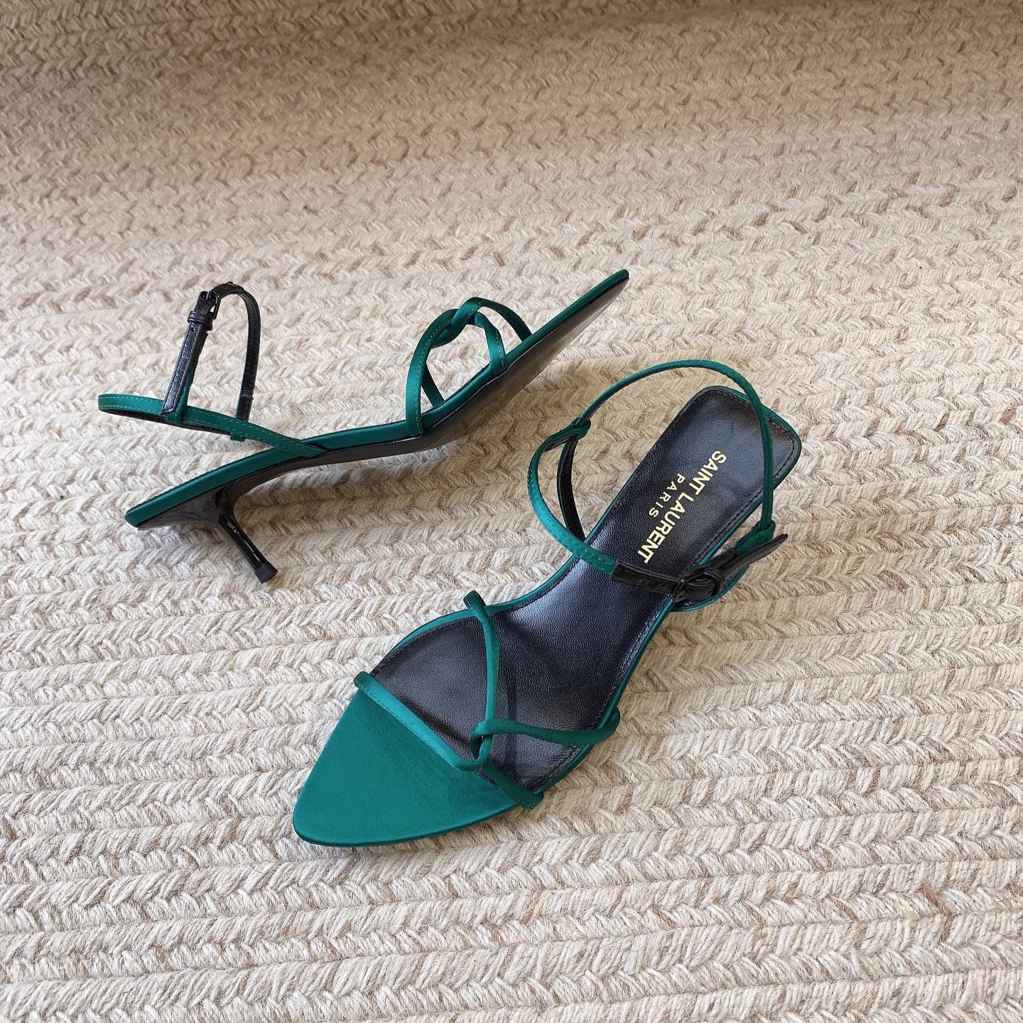 Saint Laurent STRAPPY MID HEEL SANDALS IN TEAL GREEN SILK