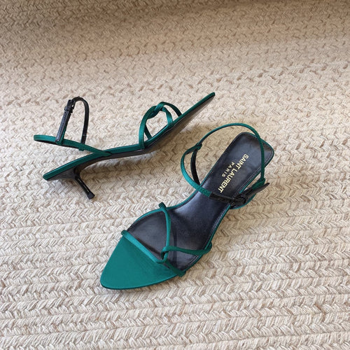 Saint Laurent STRAPPY MID HEEL SANDALS IN TEAL GREEN SILK