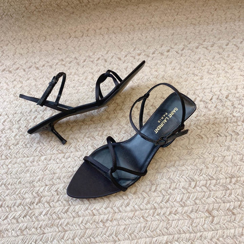 Saint Laurent STRAPPY MID HEEL SANDALS IN BLACK SILK