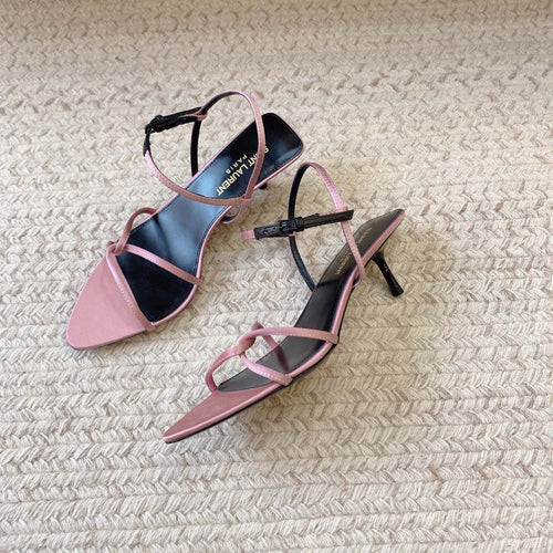 Saint Laurent STRAPPY MID HEEL SANDALS IN PINK SILK