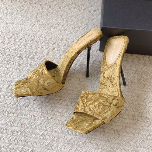 Saint Laurent HIGH HEEL SLIDES IN SAND YELLOW VELVET