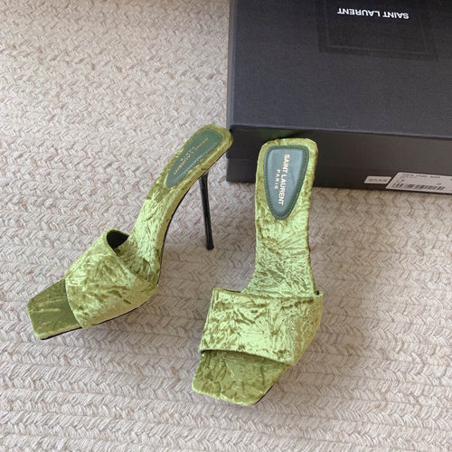 Saint Laurent HIGH HEEL SLIDES IN TEA GREEN VELVET
