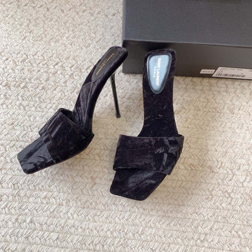 Saint Laurent HIGH HEEL SLIDES IN BLACK VELVET