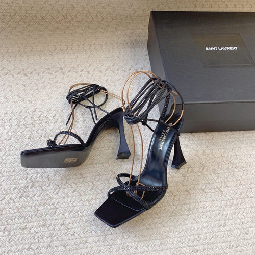 Saint Laurent LIZA SANDALS IN BLACK SILK WITH CRYSTALS