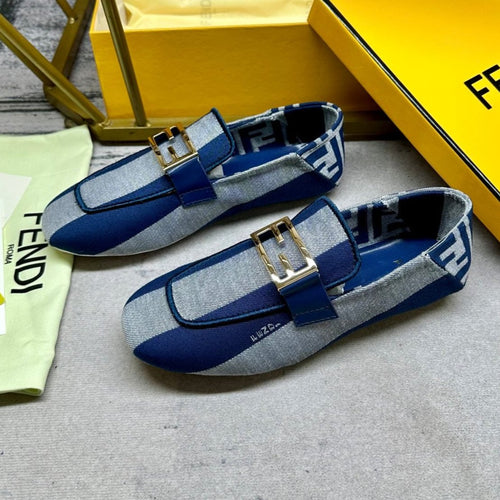 FENDI FENDI BAGUETTE LOAFERS IN AZURE BLUE CANVAS GOLD HARDWARE