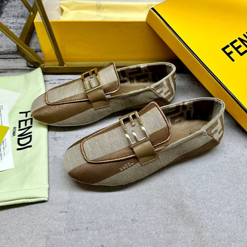 FENDI FENDI BAGUETTE LOAFERS IN BEIGE MIX BROWN CANVAS GOLD HARDWARE