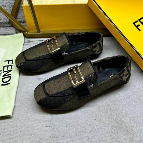 FENDI FENDI BAGUETTE LOAFERS IN OLIVE GREEN MIX BLACK CANVAS GOLD HARDWARE