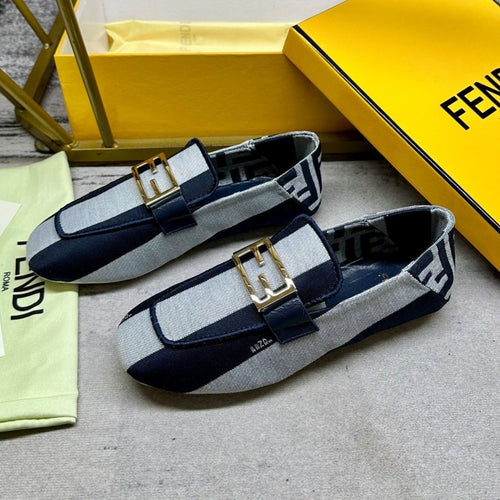 FENDI FENDI BAGUETTE LOAFERS IN NAVY BLUE MIX WHITE CANVAS GOLD HARDWARE