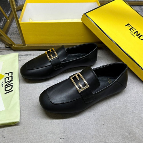 FENDI FENDI LOAFERS IN BLACK LAMBSKIN GOLD BUCKLE