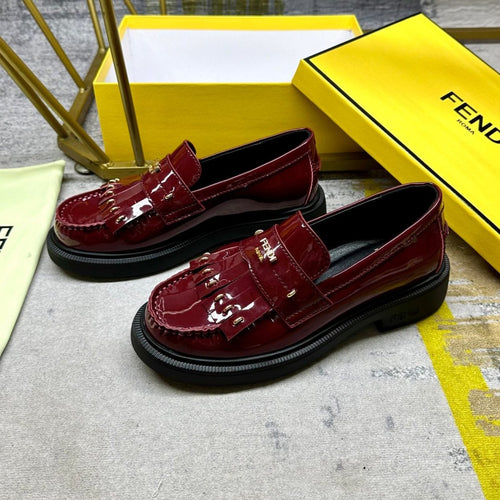 FENDI FENDI BAGUETTE LOAFERS IN MAROON RED CALFSKIN WITH GOLD HARDWARE