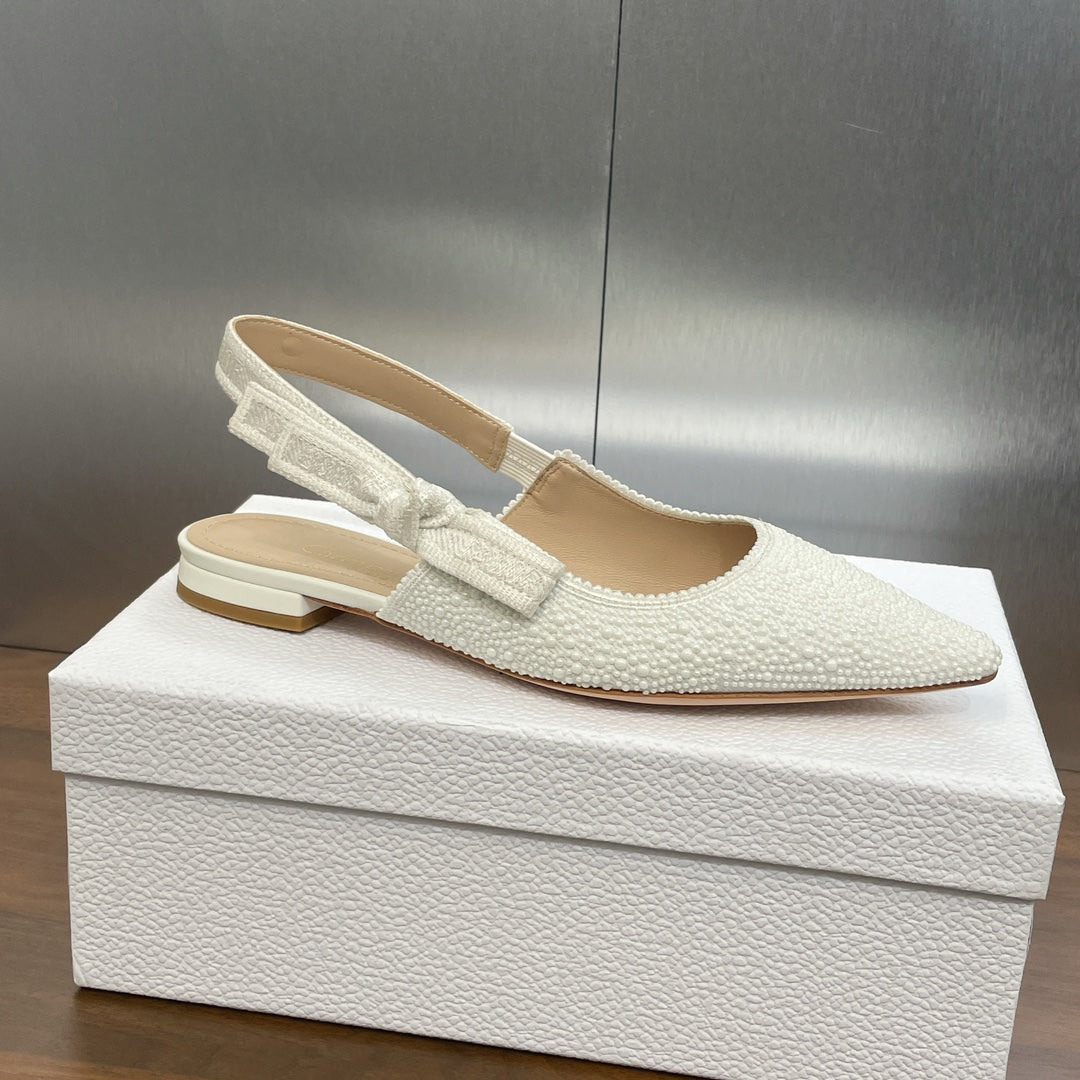 DIOR slingback flat embroidered cotton white calfskin resin pearl