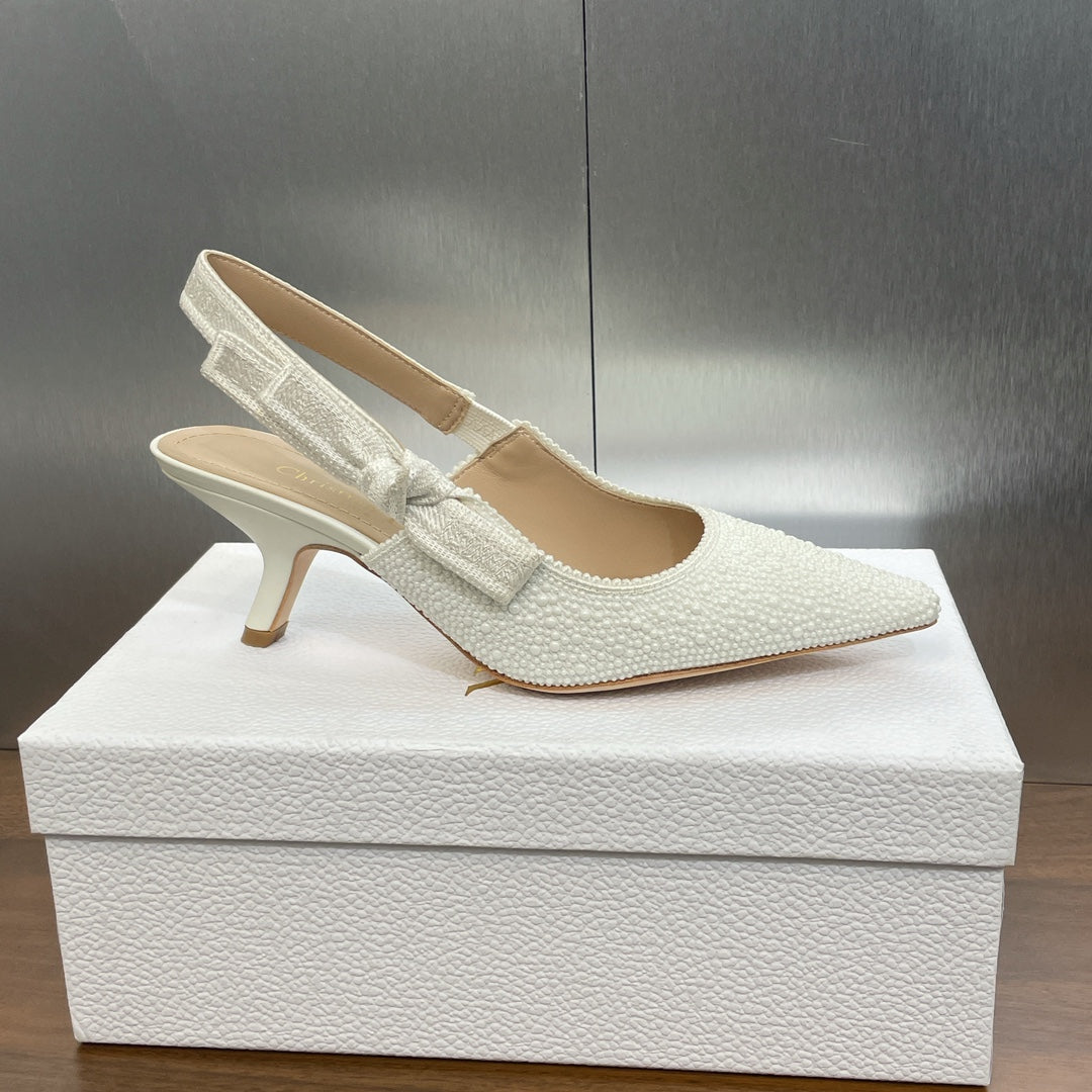 DIOR slingback pump 65 embroidered cotton white calfskin resin pearl