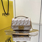 FENDI BAGUETTE 24 IN WHITE WOOL AND CAMEL BROWN RAFFIA CALFSKIN TRIM