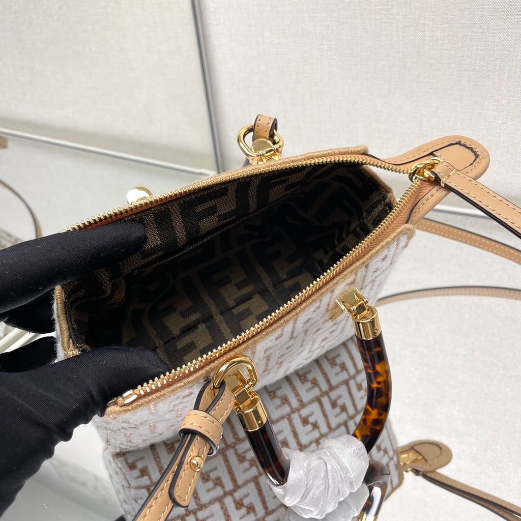 FENDI BY THE WAY MINI 18 IN WHITE WOOL AND CAMEL BROWN RAFFIA CALFSKIN TRIM
