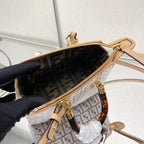 FENDI BY THE WAY MINI 18 IN WHITE WOOL AND CAMEL BROWN RAFFIA CALFSKIN TRIM