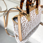 FENDI BY THE WAY MINI 18 IN WHITE WOOL AND CAMEL BROWN RAFFIA CALFSKIN TRIM